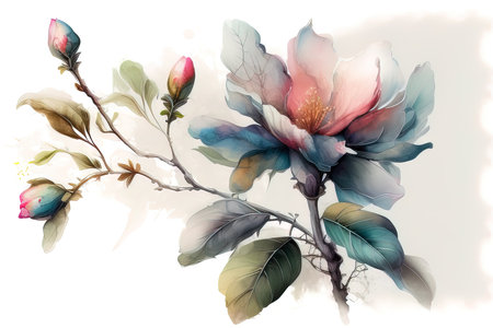 Watercolor magnolia flowers. Hand painted illustration on white background. (AI Generated)の素材