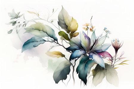 watercolor painting of leaves and flowers, on white background, isolated. (AI Generated)の素材