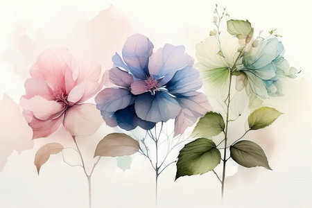 Watercolor floral background with hibiscus flowers and leaves. (AI Generated)の素材