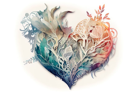 Watercolor illustration of a heart with a pattern of leaves and branches. (AI Generated)の素材