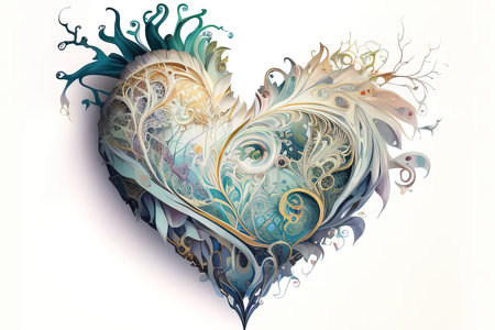 watercolor heart with floral ornament, llustration on white background. (AI Generated)の素材
