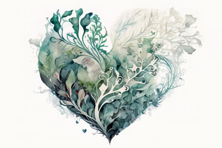watercolor heart with floral ornament, llustration on white background. (AI Generated)の素材