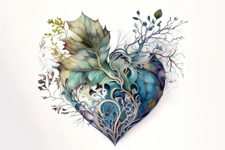 Watercolor heart with floral ornament. Illustration on white background. (AI Generated)の素材