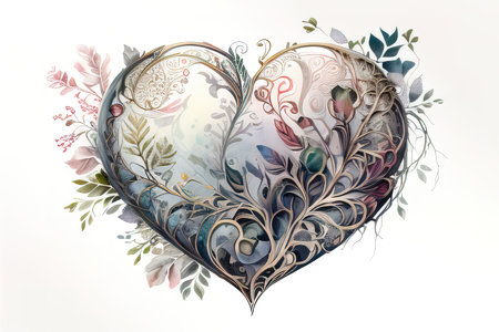 Watercolor heart with floral ornament on white background.  (AI Generated)の素材