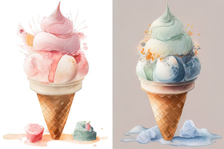 Ice cream in waffle cones. Watercolor illustration. (AI Generated)の素材