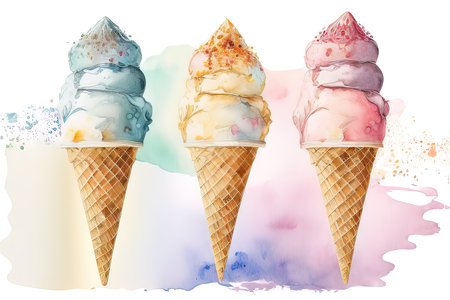 Watercolor ice creams in waffle cones on watercolor background. (AI Generated)の素材