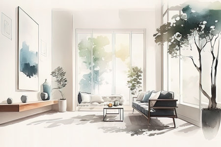 interior sketch design of living room, 3D rendering  illustration. (AI Generated)の素材