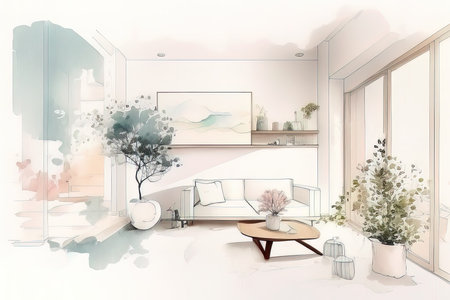 interior sketch design of living room,3d render,illustration. (AI Generated)の素材