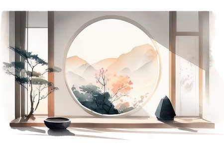 3D rendering of a Japanese style room with a japanese landscape. (AI Generated)の素材