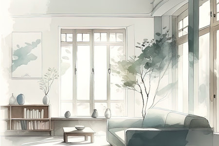 Sketch of living room interior with sofa and bookshelf. (AI Generated)の素材