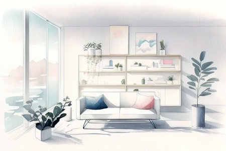 Interior of modern living room with white sofa, bookshelf, panoramic window and plants. (AI Generated)の素材