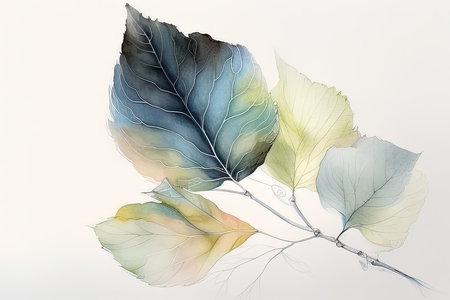 Watercolor drawing of birch leaves on white background. (AI Generated)の素材