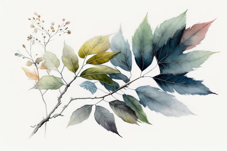watercolor painting of leaves on white background. (AI Generated)の素材