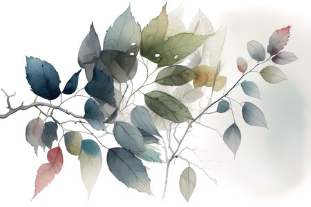 Watercolor illustration of leaves in autumn colors on a white background. (AI Generated)の素材