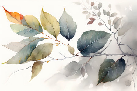 Illustration of a watercolor floral background with leaves and branches. (AI Generated)の素材