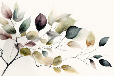 Watercolor painting of leaves on white background. (AI Generated)の素材