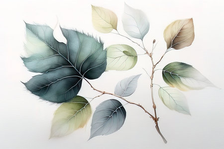 Watercolor leaves on a white background.  (AI Generated)の素材