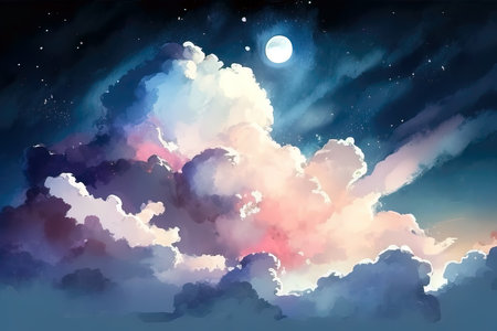 Night sky with clouds and full moon. Vector illustration. (AI Generated)の素材