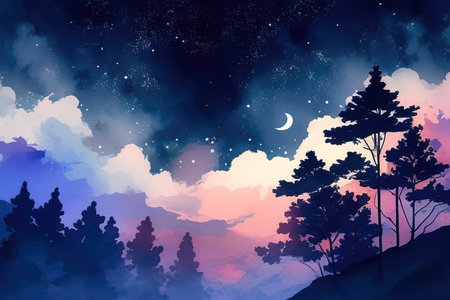 Fantasy night landscape with pine trees and moon. Vector illustration. (AI Generated)の素材
