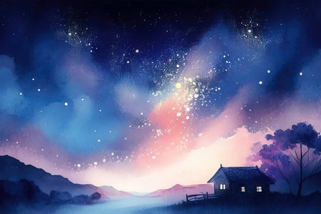 Night landscape with a house in the mountains. Digital watercolor painting. (AI Generated)の素材