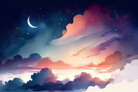 Night sky background with moon and clouds.Vector illustration. (AI Generated)の素材