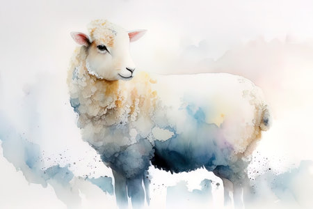 Digital watercolor painting of a sheep on white background. Digital art painting. (AI Generated)の素材