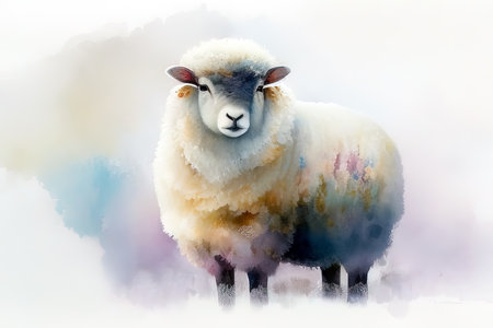 Digital painting of a sheep on watercolor background. Digital art painting. (AI Generated)の素材