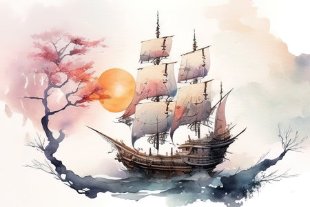 Sailing ship on the watercolor background. Watercolor painting. (AI Generated)の素材