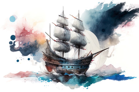 Sailing ship in watercolor splash. Hand drawn vector illustration. (AI Generated)の素材