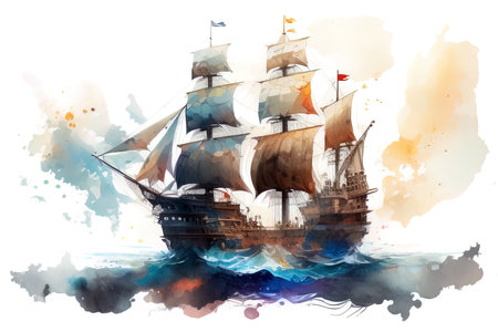 Sailing ship on watercolor background. Watercolor painting. Vector illustration. (AI Generated)の素材