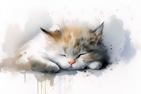 Sleeping cat on a white background. Digital watercolor painting. (AI Generated)の素材