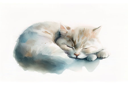 Watercolor drawing of a sleeping cat on a white background, illustration. (AI Generated)の素材