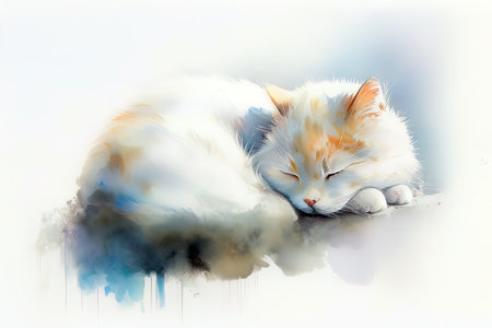 White cat sleeping on a cloud. Digital watercolor painting illustration. (AI Generated)の素材