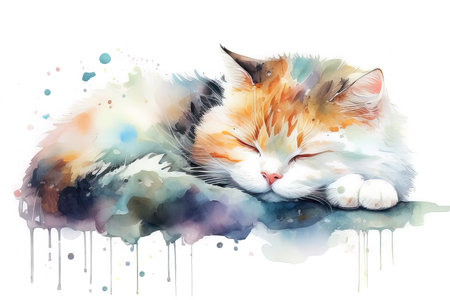 Cute cat sleeping on watercolor splashes. Vector illustration. (AI Generated)の素材
