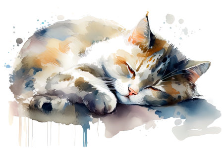 Sleeping cat in watercolor style. Hand drawn vector illustration. (AI Generated)の素材