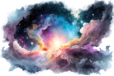 Cosmic space and stars, color cosmic abstract background. Watercolor painting. (AI Generated)の素材