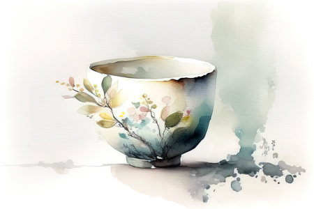 Watercolor painting of a cup with floral ornament. (AI Generated)の素材