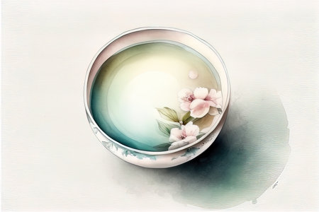 Watercolor painting of a bowl of water with sakura flowers. (AI Generated)の素材