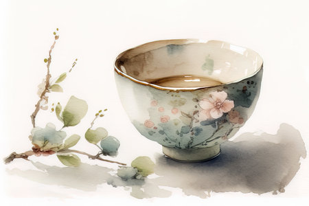 ceramic cup with tea and flowers, watercolor painting. (AI Generated)の素材