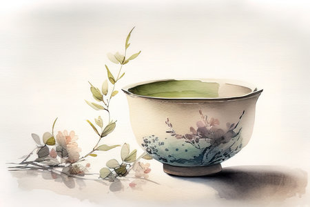 Vintage porcelain bowl on white background. Watercolor painting. (AI Generated)の素材