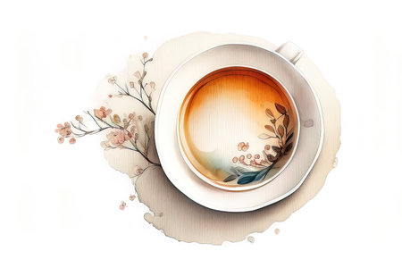Cup of coffee with floral pattern on white background. Watercolor illustration. (AI Generated)の素材