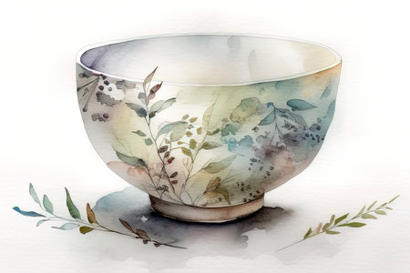 Watercolor painting of a bowl with floral ornament on a white background. (AI Generated)の素材
