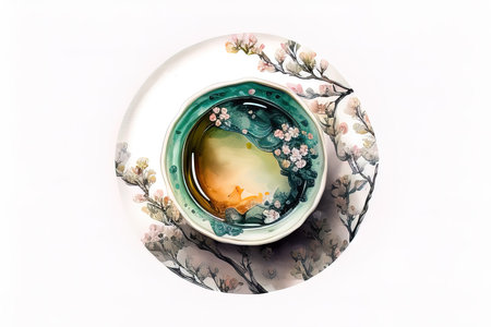 Cup of tea with floral pattern on white background, top view. (AI Generated)の素材