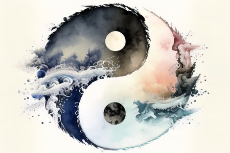 Yin yang symbol of harmony and balance in watercolor painting. (AI Generated)の素材