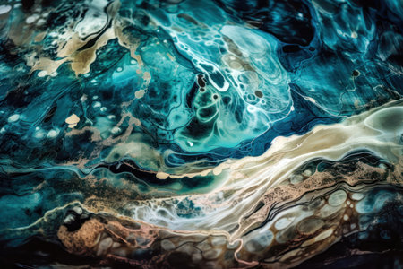 abstract background with blue, yellow and brown paint mixing in water. (AI Generated)の素材