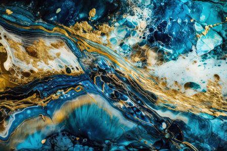 Abstract background of acrylic paint in blue and yellow tones. Liquid marble texture. (AI Generated)の素材