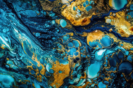 Marbled blue abstract background with golden sequins. Liquid marble ink pattern. (AI Generated)の素材