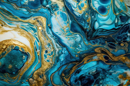 Marbled blue abstract background with golden sequins. Liquid marble ink pattern. (AI Generated)の素材