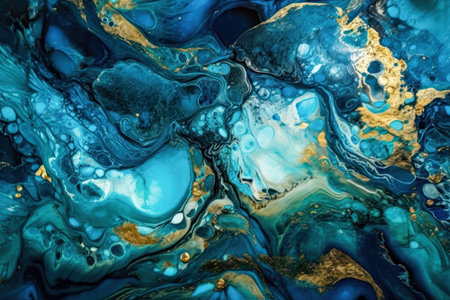 Marbled blue abstract background with golden sequins. Liquid marble ink pattern. (AI Generated)の素材