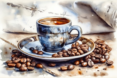 Coffee cup and coffee beans on a saucer. Watercolor painting. (AI Generated)の素材
